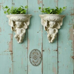 Antique Victorian Handmade Plaster Chalkware Angel Cherub Wall Planter Sconces 2